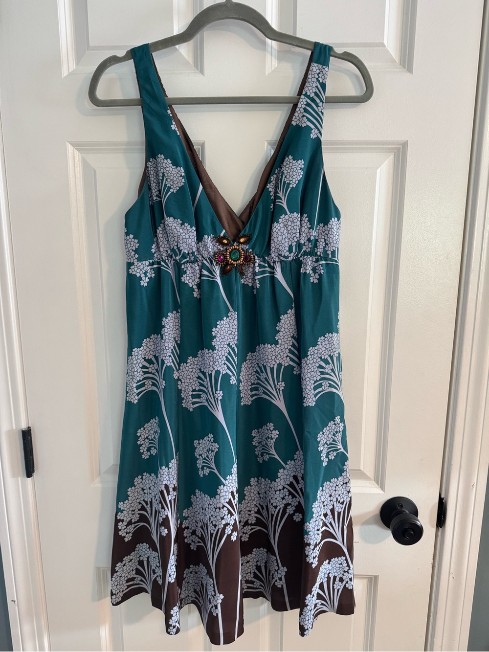 Rebecca Taylor Teal and Brown Floral Midi Dress with Embellished Center